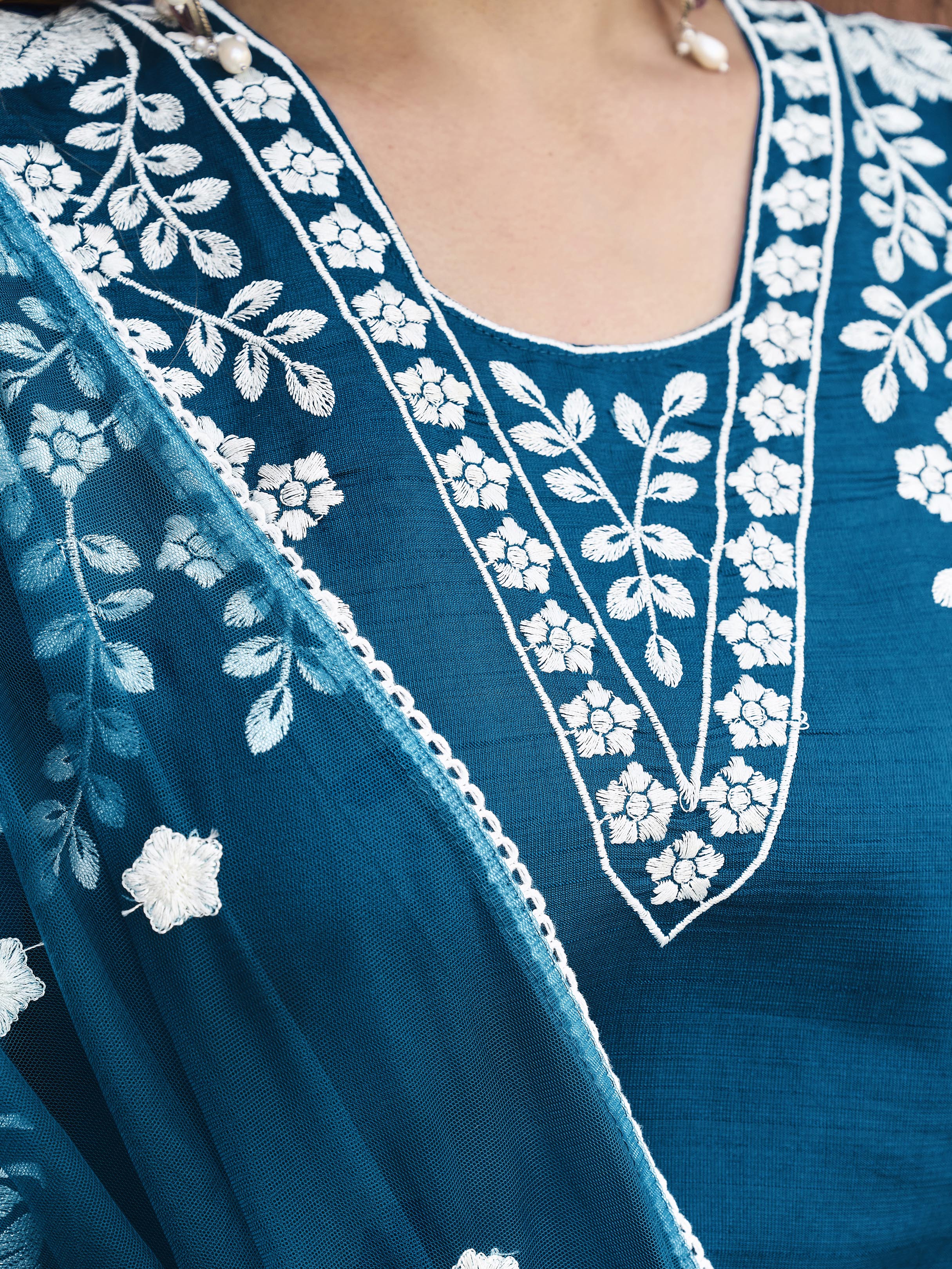 Teal color silk blend with off white thread embroidered kurta & trouser with dupatta set